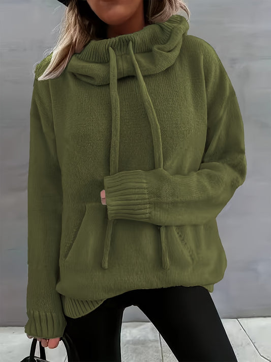 Comfortable Knit Sweater for Women with Cowl Neck Long Sleeve Drawstring Oversized Relaxed Style