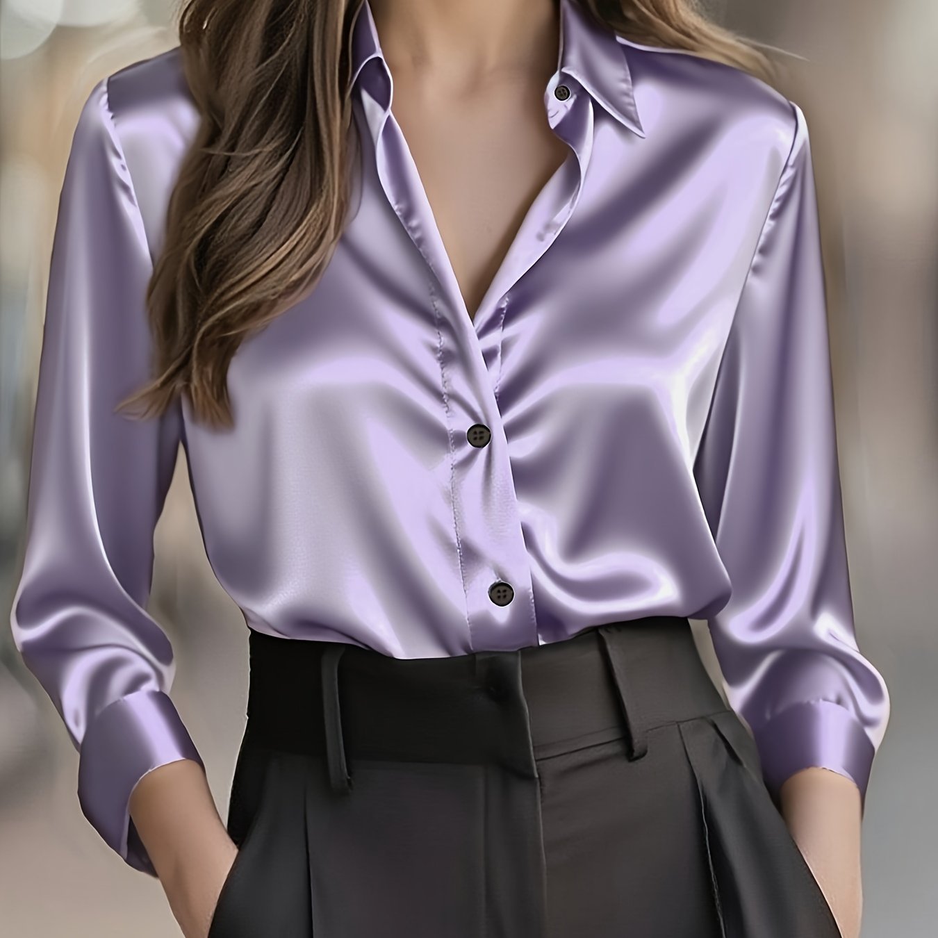 Elegant Satin Blouse for Women with Collar Long Sleeve Button Front Relaxed Silky Style