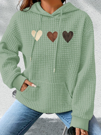 Effortless Heart Print Waffle Knit Hoodie for Women with Drawstring Hood Long Sleeve Oversized Relaxed Style