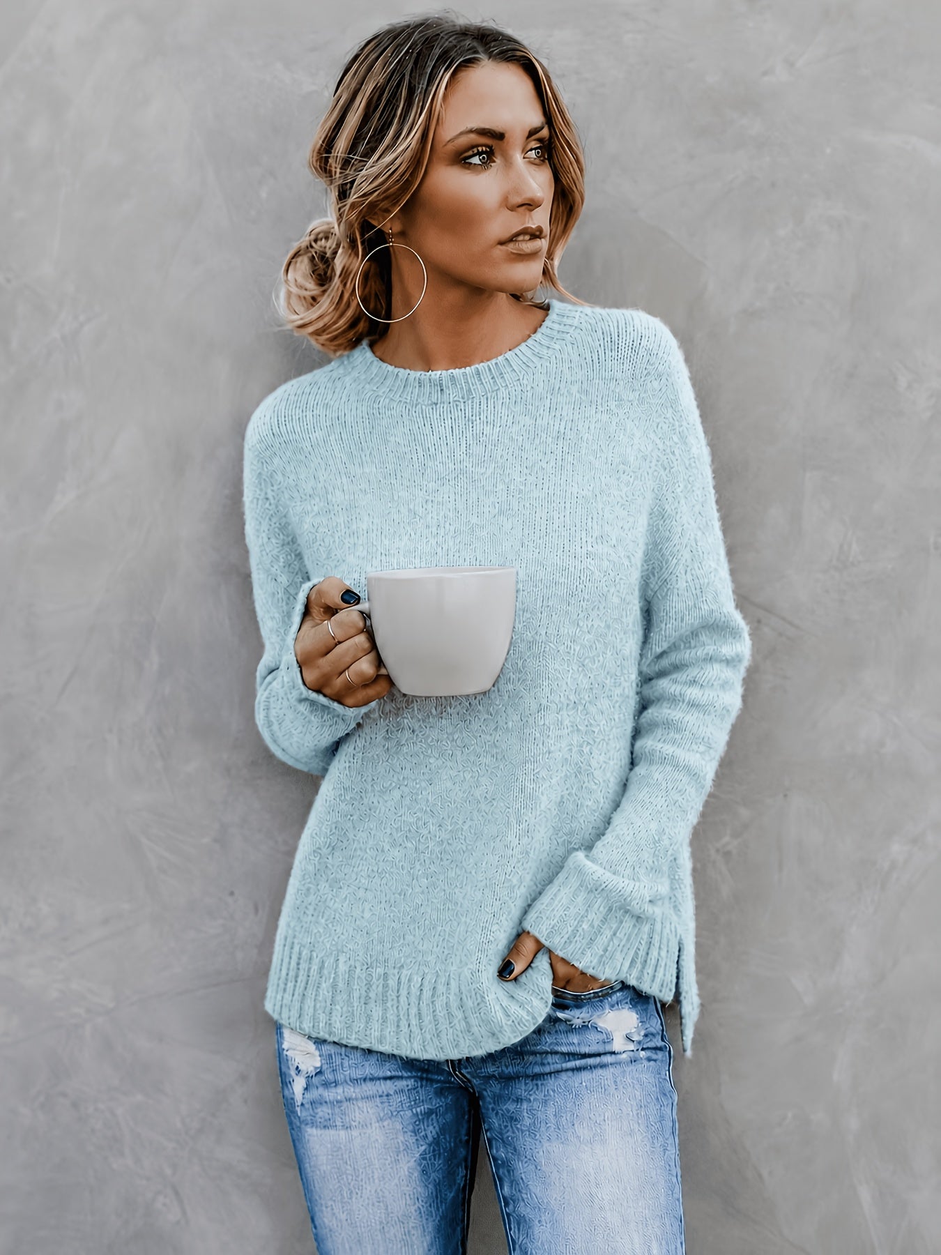 Comfortable Knit Sweater for Women with Crew Neck Bell Sleeve Side Slit Oversized Style