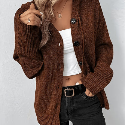Comfortable Ribbed Knit Cardigan Sweater for Women with Hooded Collar Long Sleeve Button Front Oversized Style
