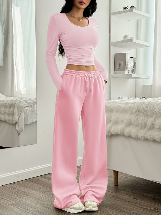 Effortless Wide Leg Set for Women with Round Neck Long Sleeve Ruched Drawstring Two Piece Style