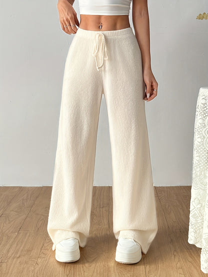 Effortless Ribbed Knit Wide Leg Pants for Women with High Waist Drawstring Relaxed Flowing Casual Style