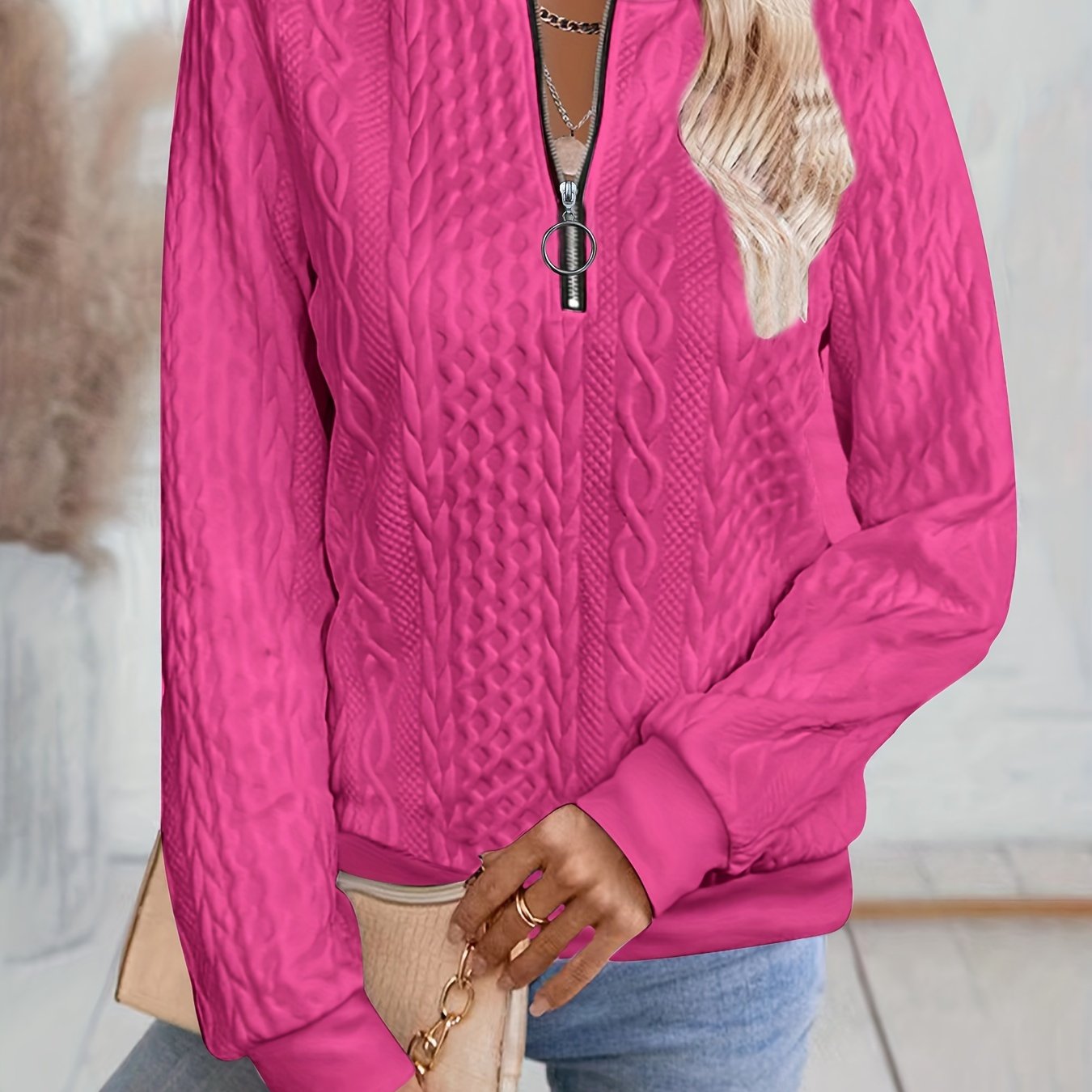 Comfortable Textured Sweater for Women with Zip Neck Long Sleeve Relaxed Oversized Knit Style