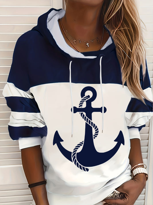 Comfortable Navy White Anchor Print Hoodie for Women with Hooded Long Sleeve Colorblock Oversized Casual Style