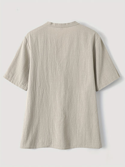 Effortless Textured Linen Blouse for Women with Notch V Neck Short Sleeve Button Front Casual Style