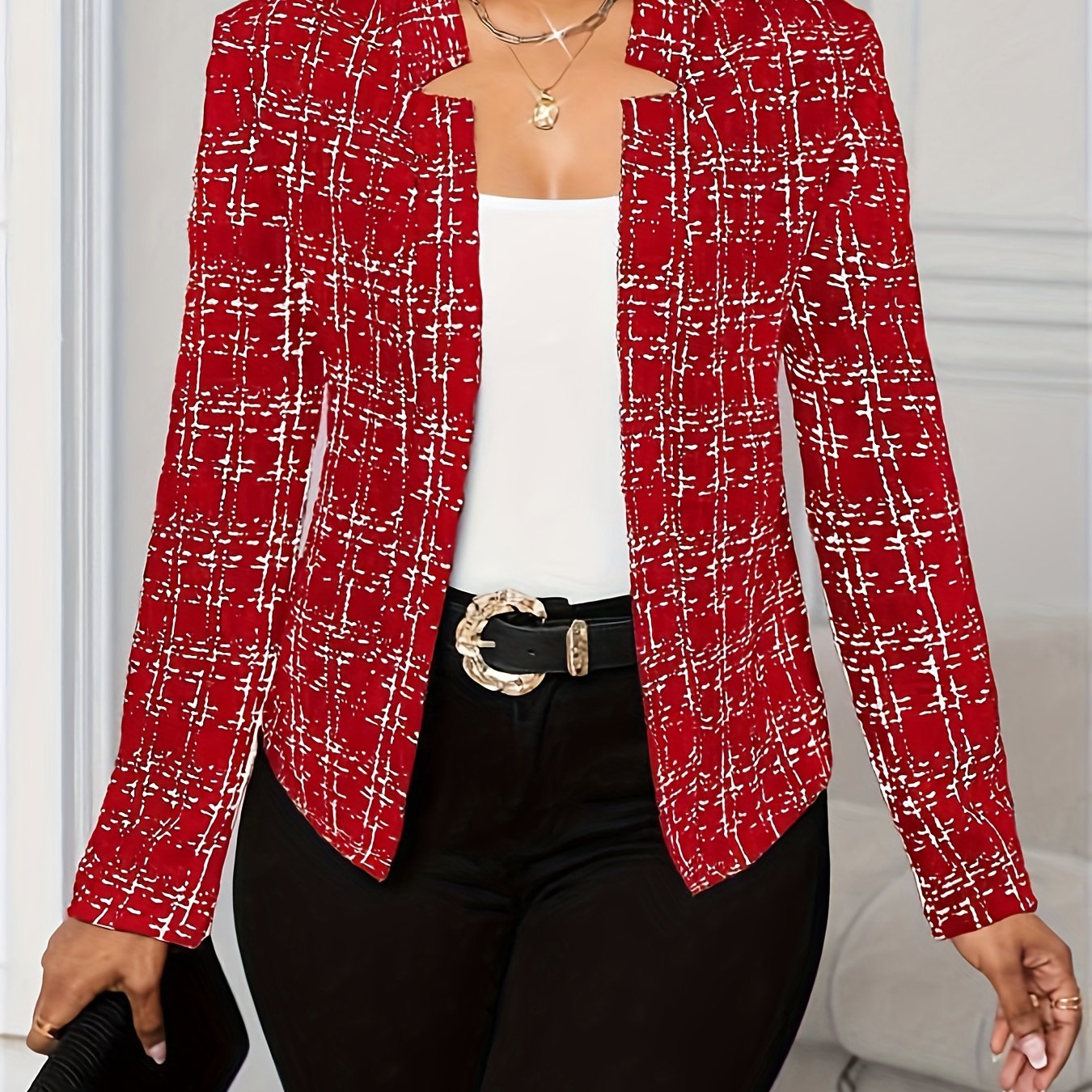 Elegant Plaid Tweed Blazer for Women with Lapel Collar Long Sleeve Open Front Cropped Casual Style