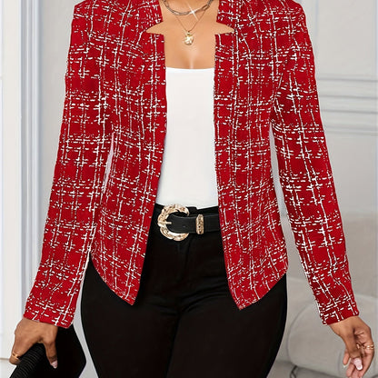 Elegant Plaid Tweed Blazer for Women with Lapel Collar Long Sleeve Open Front Cropped Casual Style