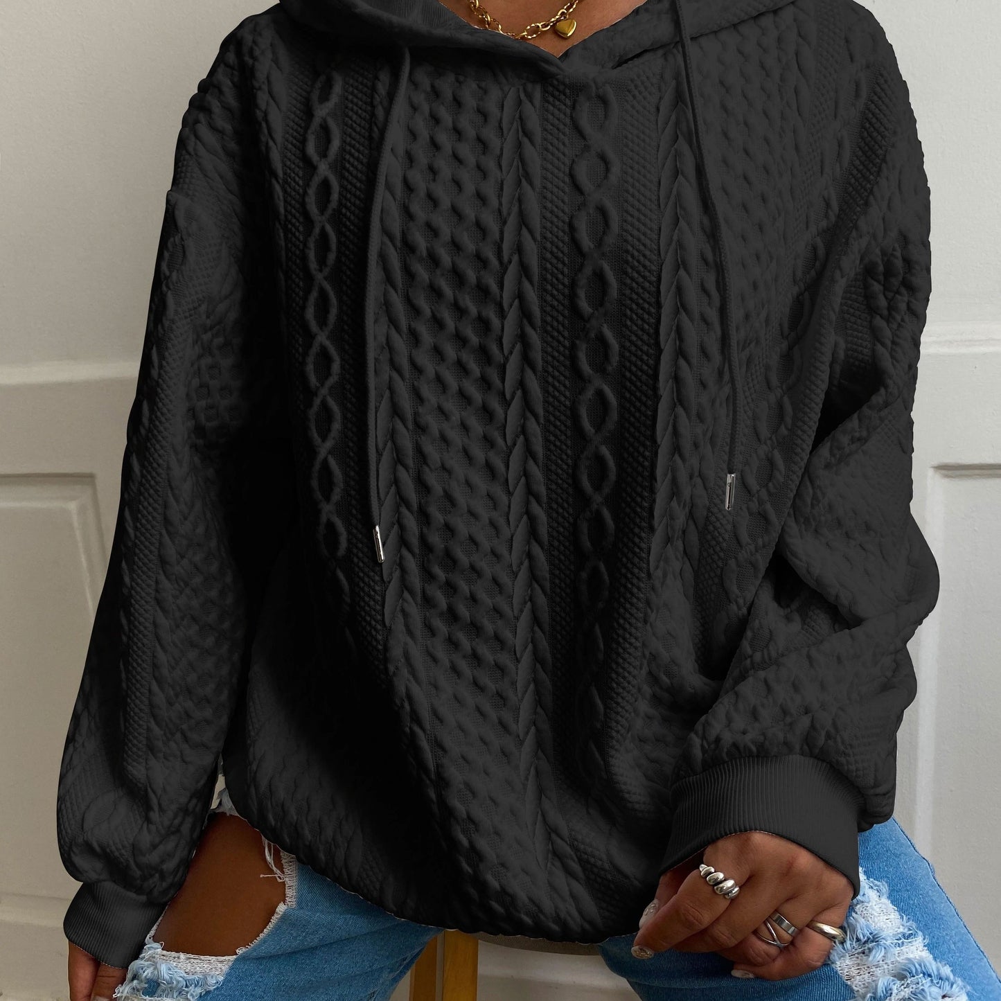 Comfortable Cable Knit Hoodie for Women with Drawstring Hood Long Sleeve Relaxed Oversized Style