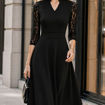 Elegant Lace Midi Dress for Women with V Neck Elbow Sleeve Fit and Flare Cocktail Style