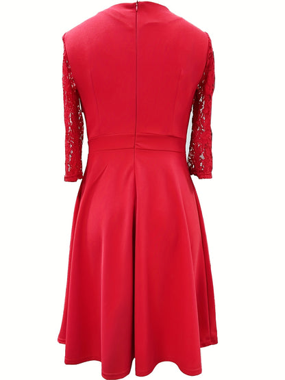 Elegant Lace Midi Dress for Women with Square Neck Three Quarter Sleeve Fit and Flare Cocktail Style