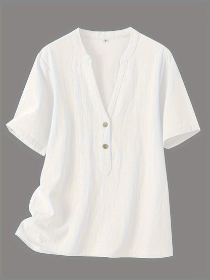 Effortless Textured Linen Blouse for Women with Notch V Neck Short Sleeve Button Front Casual Style