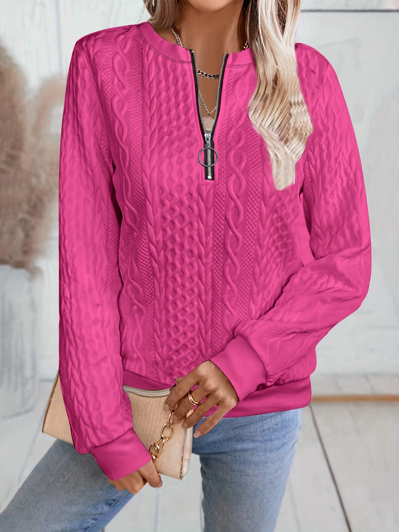 Comfortable Textured Sweater for Women with Zip Neck Long Sleeve Relaxed Oversized Knit Style