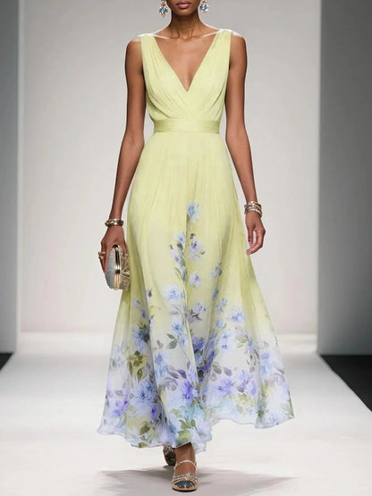 Effortless Floral Maxi Dress for Women with V Neck Sleeveless Flowing Formal Wedding Guest Style