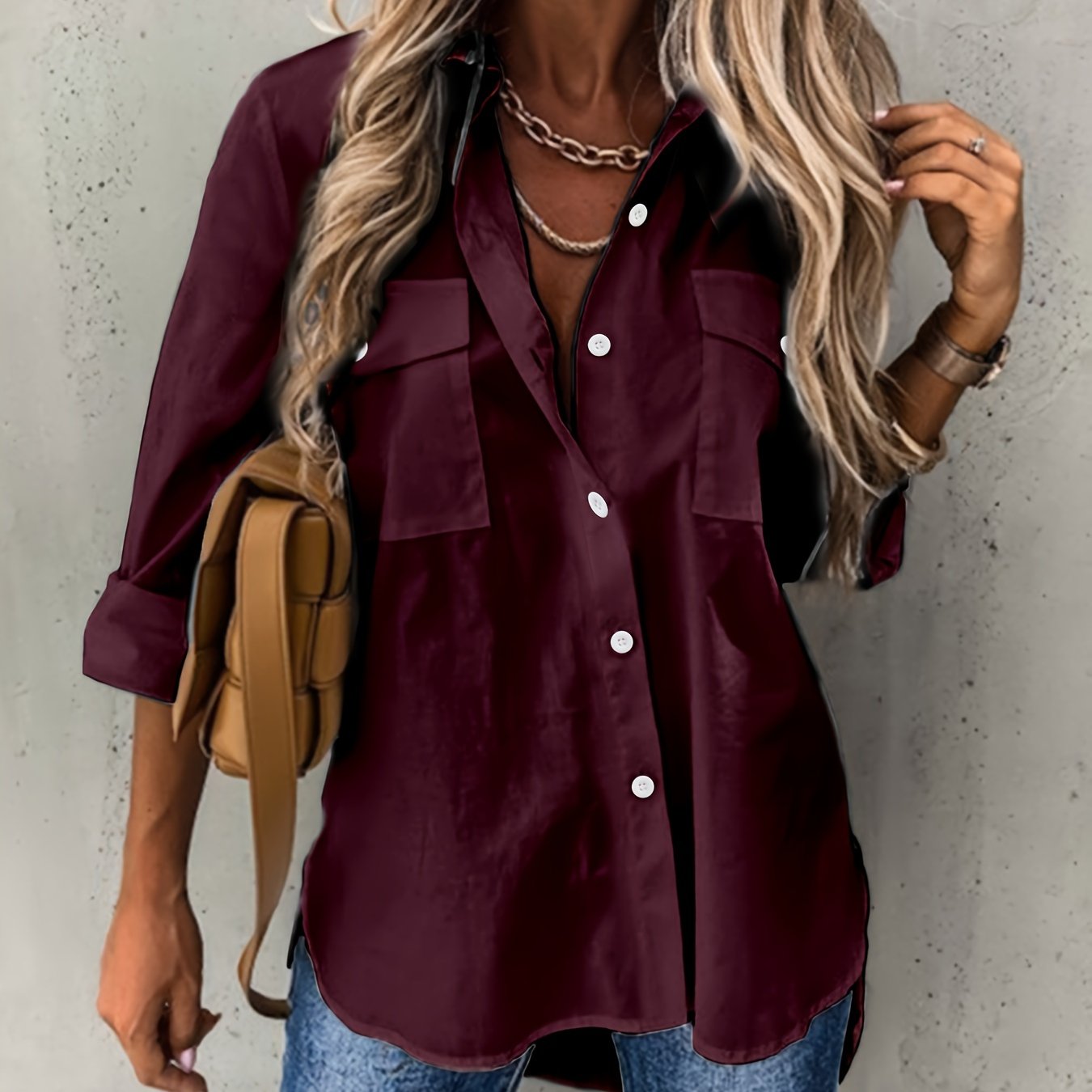 Effortless Utility Blouse for Women with Collar Long Sleeve Button Front Patch Pocket Relaxed Style