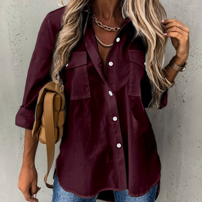 Effortless Utility Blouse for Women with Collar Long Sleeve Button Front Patch Pocket Relaxed Style