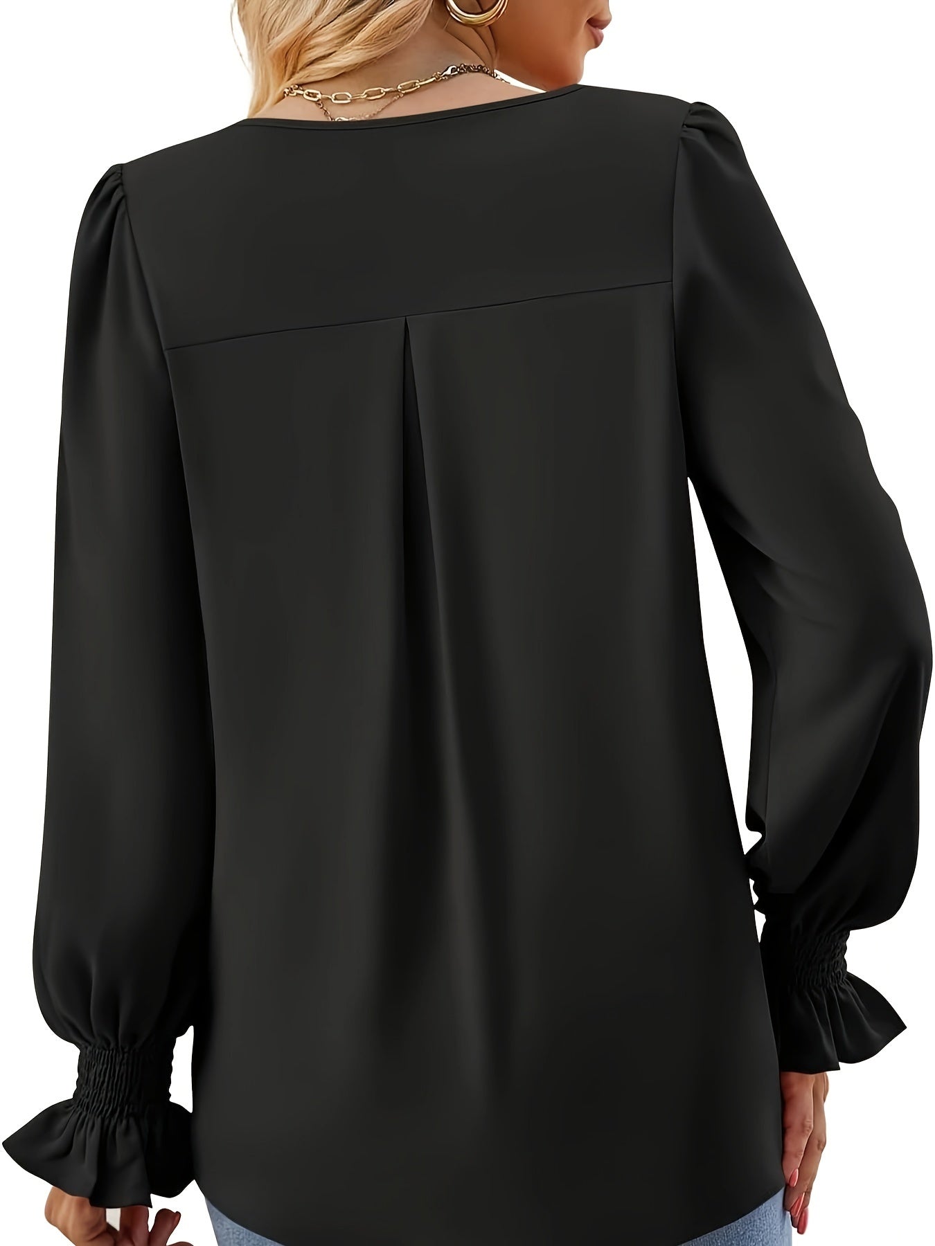 Effortless Pleated Blouse for Women with V Neck Balloon Sleeve Smocked Cuff Relaxed Style