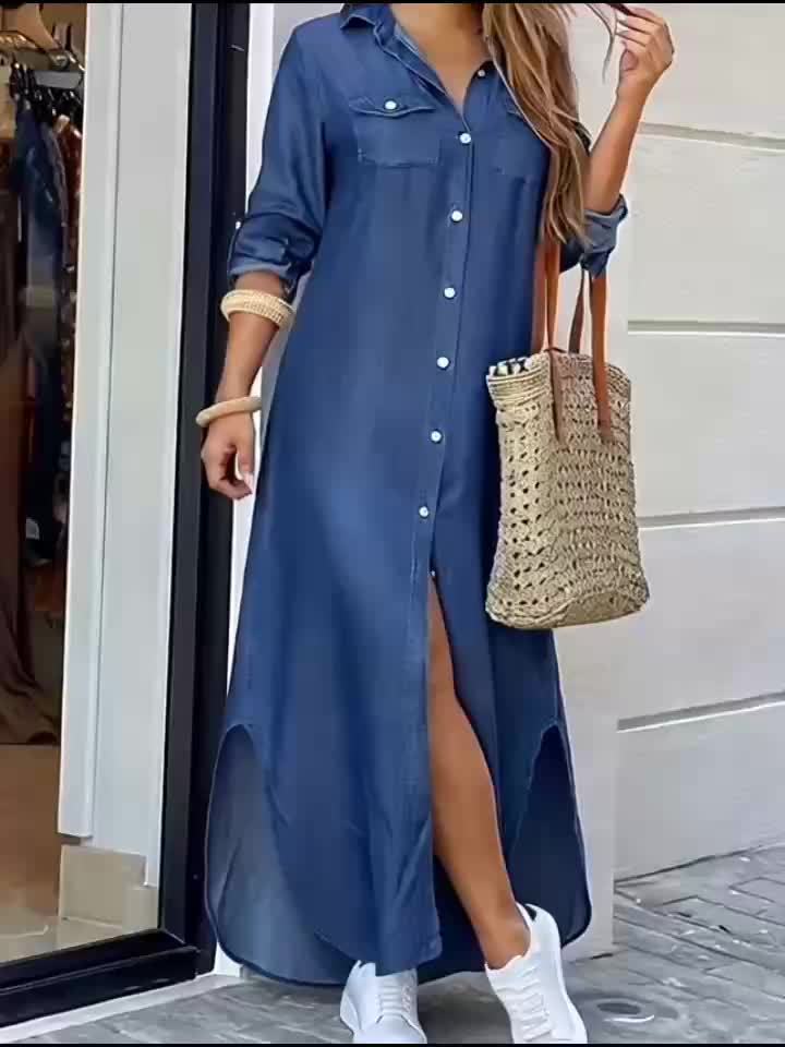 Elegant Blue Denim Maxi Shirt Dress for Women with Collar Long Sleeve Button Front High Low Style