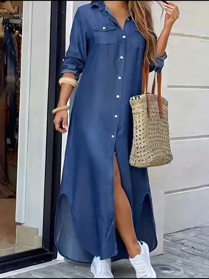 Elegant Blue Denim Maxi Shirt Dress for Women with Collar Long Sleeve Button Front High Low Style