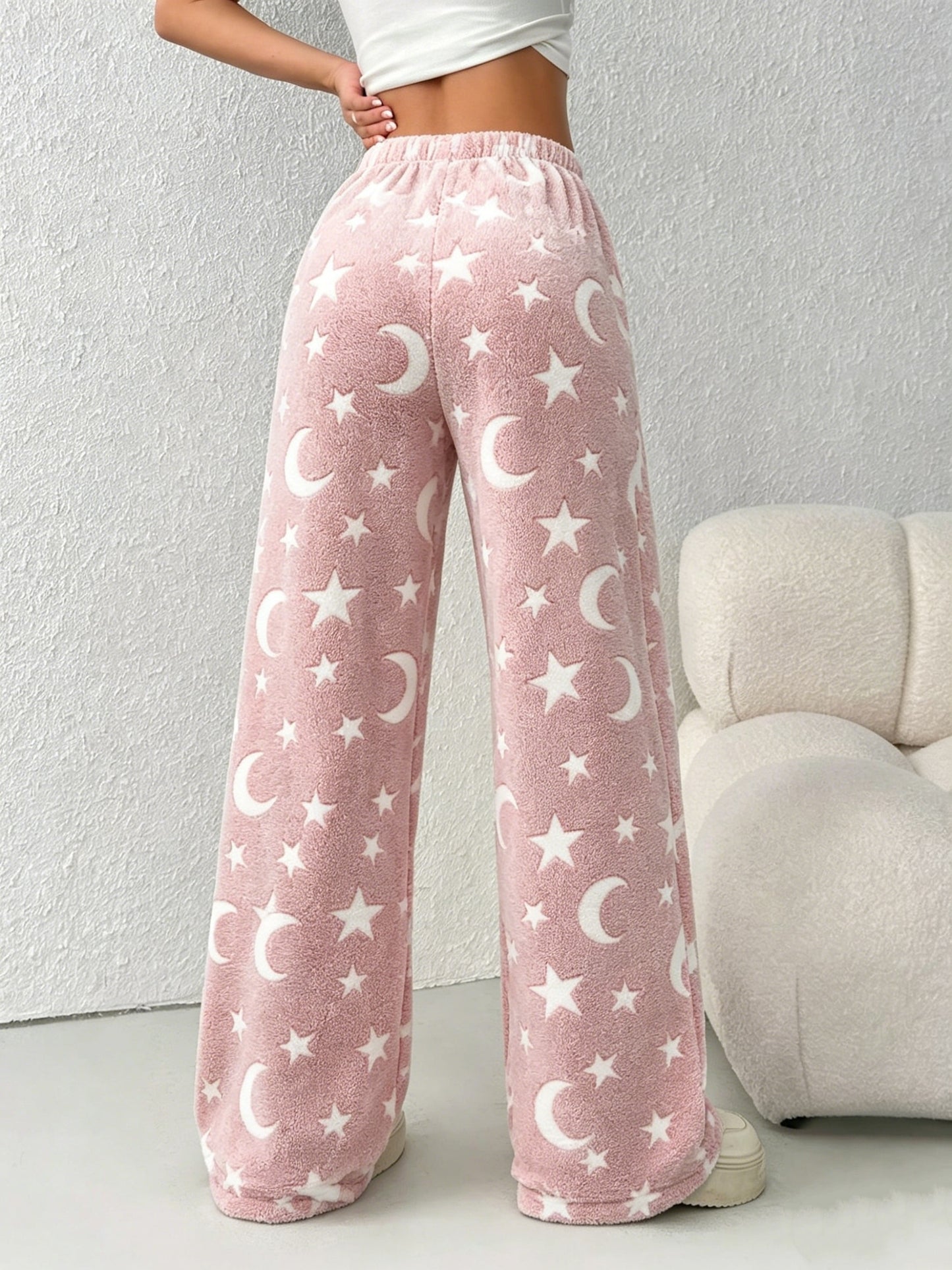Comfortable Star Print Fleece Pajama Pants for Women with High Waist Drawstring Wide Leg Relaxed Style