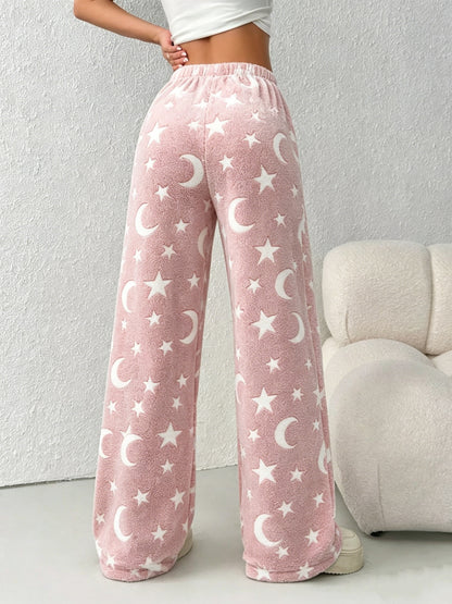Comfortable Star Print Fleece Pajama Pants for Women with High Waist Drawstring Wide Leg Relaxed Style