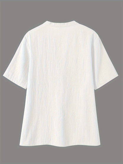 Effortless Textured Linen Blouse for Women with Notch V Neck Short Sleeve Button Front Casual Style