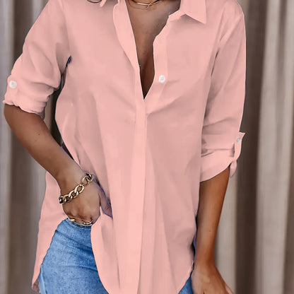 Effortless Blouse for Women with Collar Long Sleeve Button Front Relaxed Oversized Style