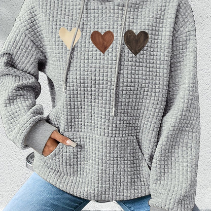 Effortless Heart Print Waffle Knit Hoodie for Women with Drawstring Hood Long Sleeve Oversized Relaxed Style