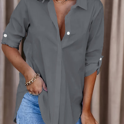 Effortless Blouse for Women with Collar Long Sleeve Button Front Relaxed Oversized Style