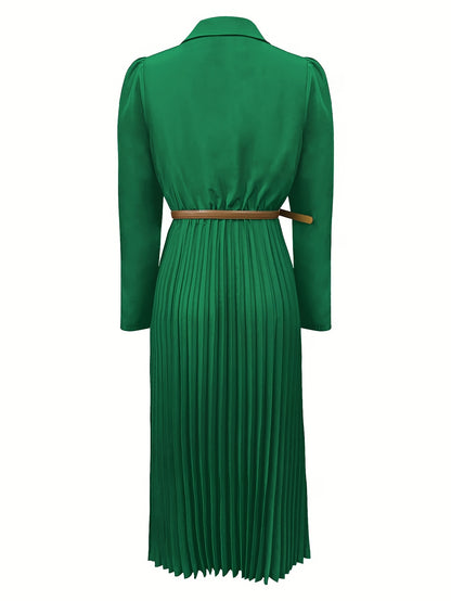 Elegant Pleated Shirt Dress for Women with Collar Long Sleeve Belted Flowing Style