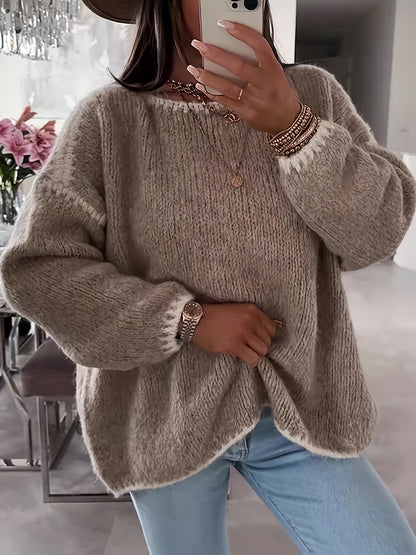 Comfortable Contrast Trim Sweater for Women with Crew Neck Long Sleeve Relaxed Oversized Knit Style