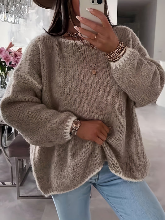 Comfortable Contrast Trim Sweater for Women with Crew Neck Long Sleeve Relaxed Oversized Knit Style