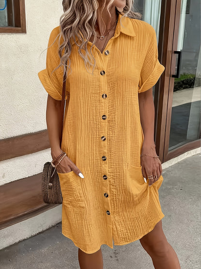 Effortless Textured Cotton Shirt Dress for Women with Collar Short Sleeve Button Front Relaxed Casual Style
