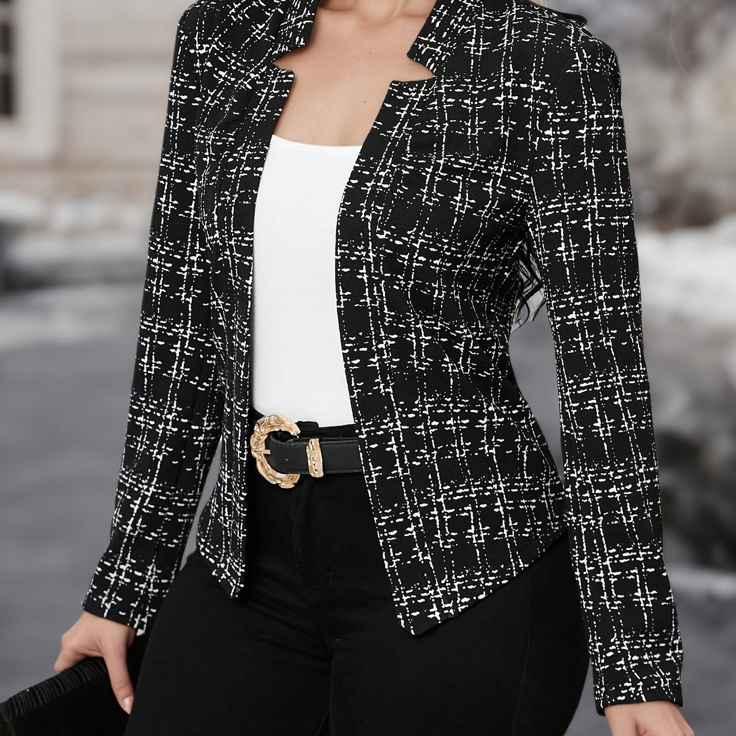 Elegant Plaid Tweed Blazer for Women with Lapel Collar Long Sleeve Open Front Cropped Casual Style