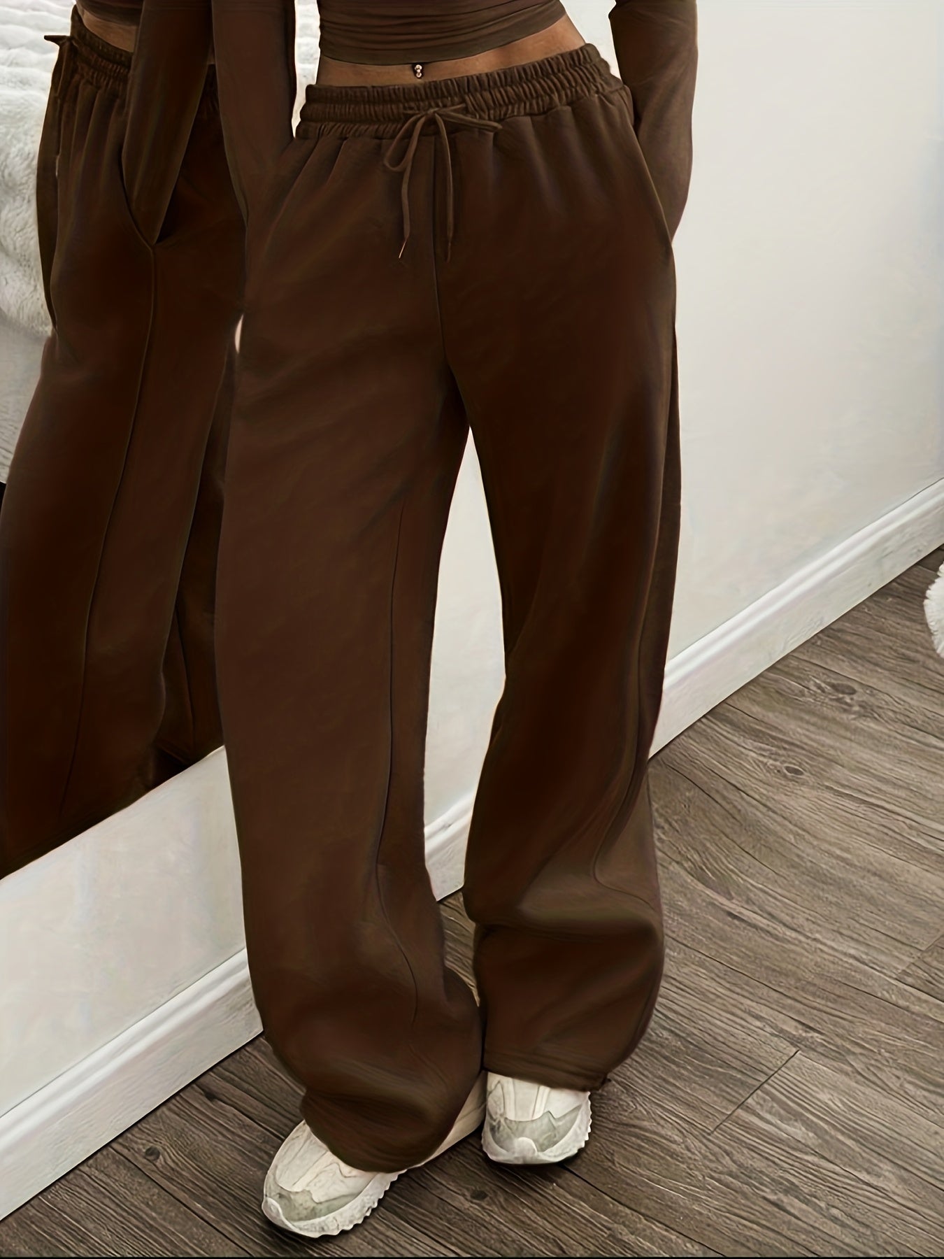 Effortless Coffee Brown Wide Leg Sweatpants for Women with High Waist Drawstring Relaxed Casual Style