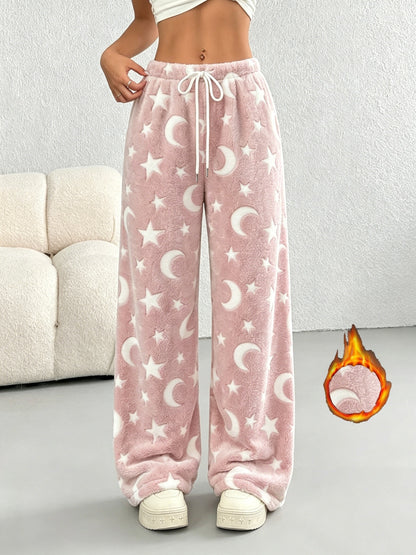 Comfortable Star Print Fleece Pajama Pants for Women with High Waist Drawstring Wide Leg Relaxed Style