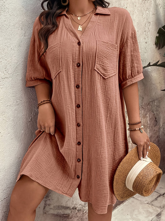 Effortless Wheat Cotton Shirt Dress for Women with Collar V Neck Elbow Sleeve Button Front Relaxed Style