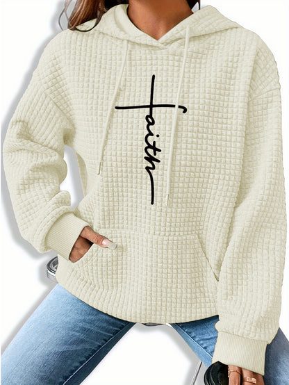 Comfortable Waffle Knit Graphic Hoodie for Women with Drawstring Long Sleeve Kangaroo Pocket Oversized Style