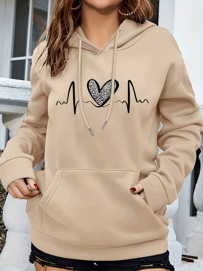 Effortless Heartbeat Print Hoodie for Women with Drawstring Long Sleeve Kangaroo Pocket Relaxed Style