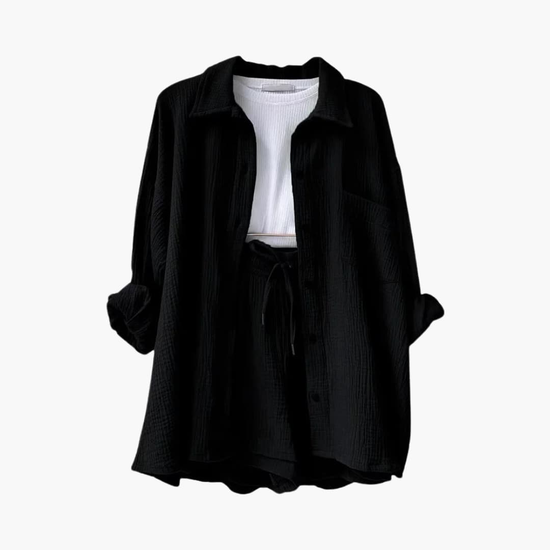 Effortless Cotton Gauze Two Piece Set for Women with Collared Button Front Long Sleeve Drawstring Shorts Relaxed Style