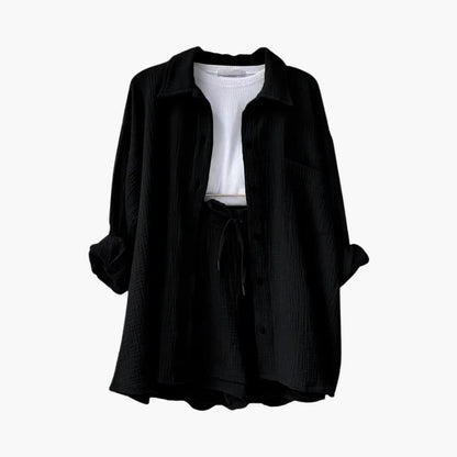 Effortless Cotton Gauze Two Piece Set for Women with Collared Button Front Long Sleeve Drawstring Shorts Relaxed Style