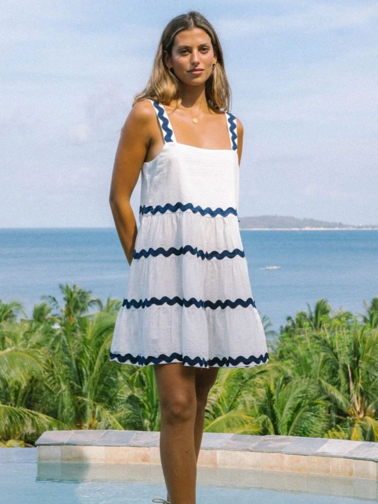 Effortless Ric Rac Trim Tiered Mini Dress for Women with Square Neck Sleeveless Ruffle Hem Bohemian Style