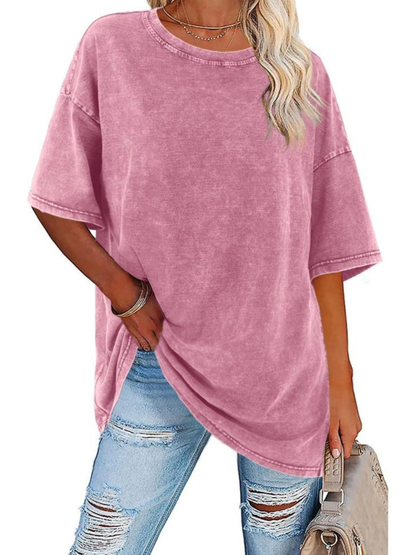 Comfortable Washed Cotton Tunic Top for Women with Crew Neck Short Sleeve Curved Hem Oversized Casual Style