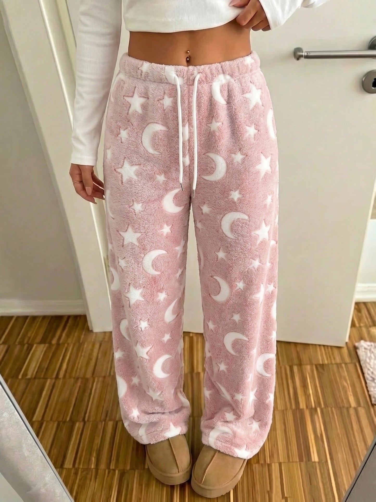 Comfortable Star Print Fleece Pajama Pants for Women with High Waist Drawstring Wide Leg Relaxed Style