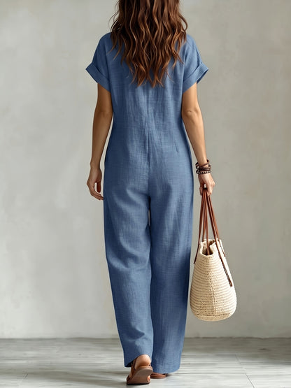 Effortless Linen Wide Leg Jumpsuit for Women with Collar Short Sleeve Button Front Relaxed Style