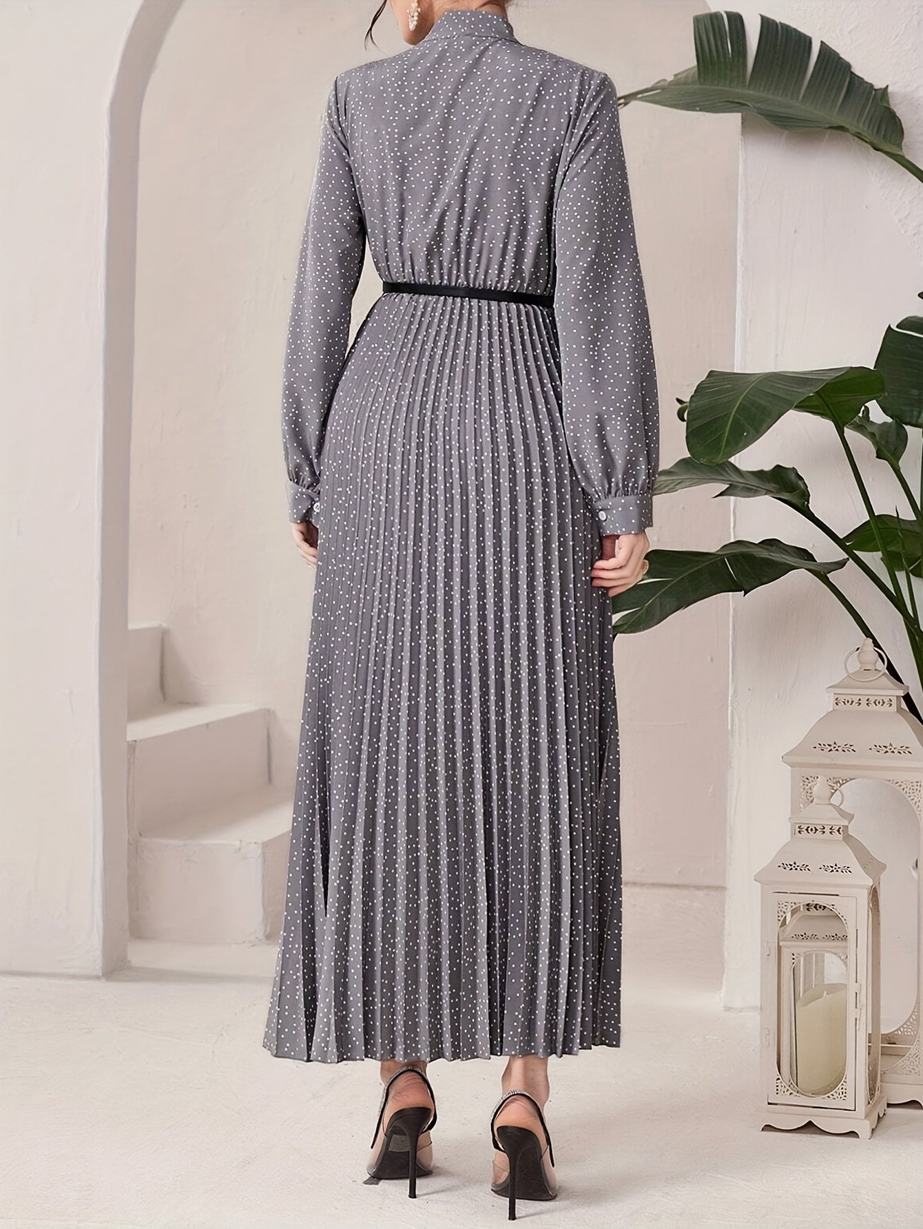 Elegant Polka Dot Maxi Dress for Women with Tie Neck Long Sleeve Pleated Belted Flowing Style
