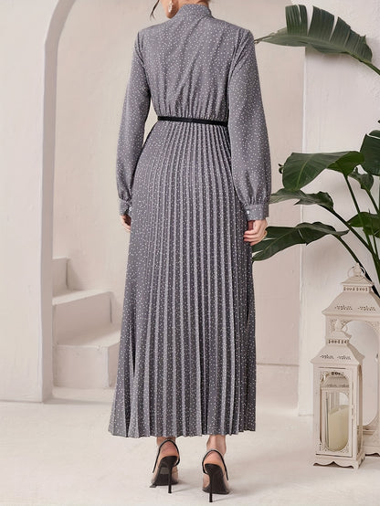 Elegant Polka Dot Maxi Dress for Women with Tie Neck Long Sleeve Pleated Belted Flowing Style