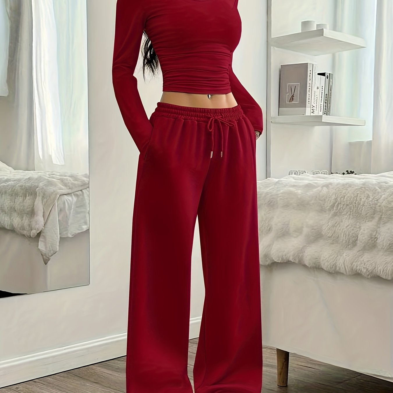 Effortless Wide Leg Set for Women with Round Neck Long Sleeve Ruched Drawstring Two Piece Style