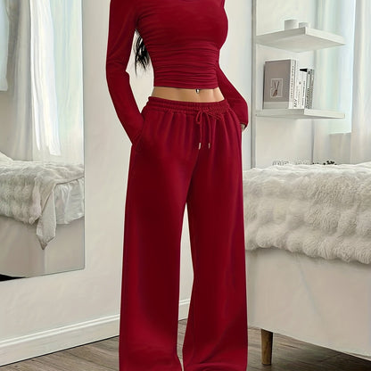 Effortless Wide Leg Set for Women with Round Neck Long Sleeve Ruched Drawstring Two Piece Style