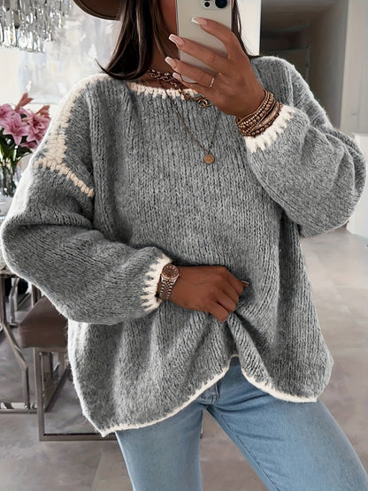 Comfortable Contrast Trim Sweater for Women with Crew Neck Long Sleeve Relaxed Oversized Knit Style